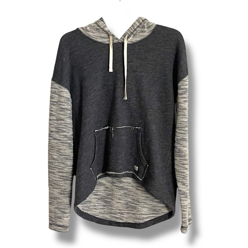 Billabong Charcoal & Grey Hi-Low Raglan Raw-Edge Kangaroo Slub-Knit Hoodie NWT - Picture 4 of 16